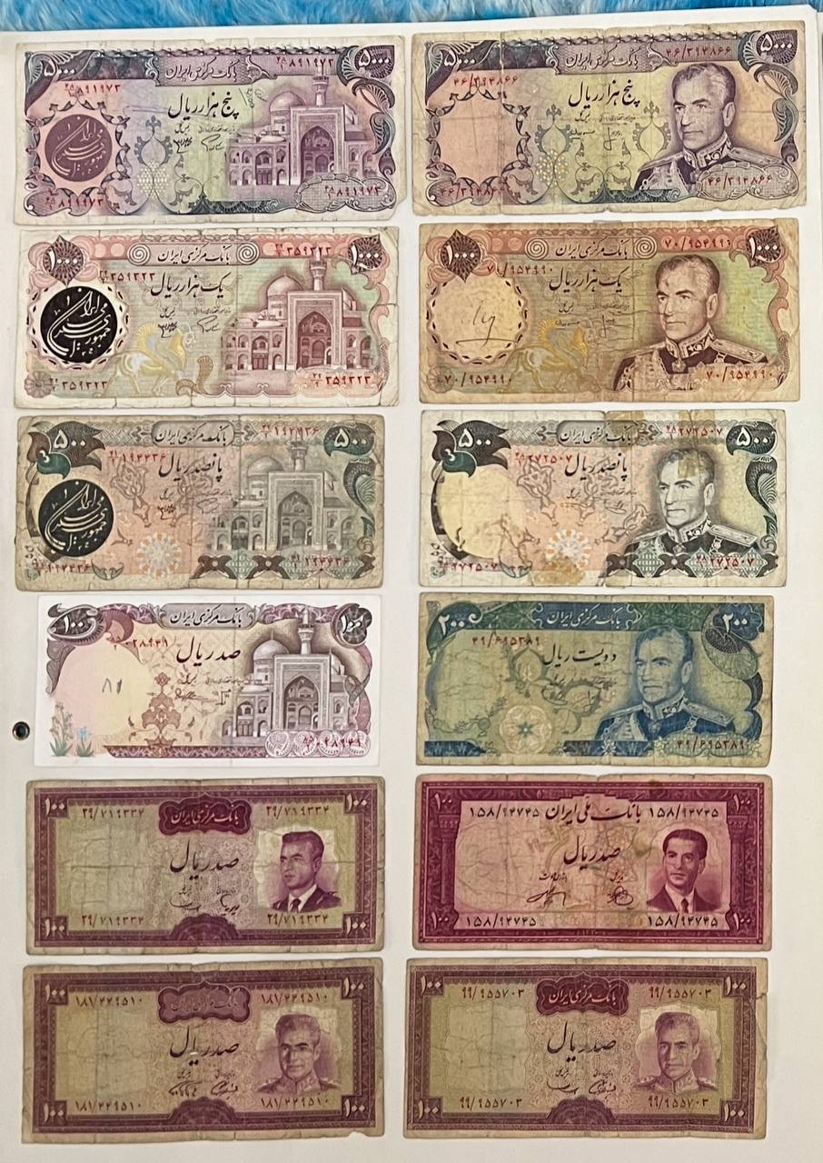 25 اسکناس کارکرده شاهی و بارگاهی طبق عکسها تصویر مجموعه ۲۵ برگ اسکناس قدیمی محمدرضا شاه پهلوی، سری شاهی و بارگاهی، با کیفیت کارکرده و دارای تاخوردگی