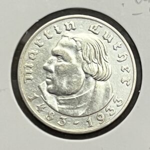 تصویر سکه نقره ۲ مارک آلمان، پرتره مارتین لوتر، ضرب ۱۹۳۳، سکه کمیاب رایش سوم